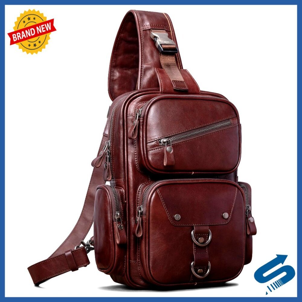 Large Genuine Leather Sling Bag Crossbody Backpack Anti-Theft Travel